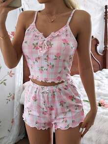 SHEIN 粉色女士吊带背心和短裤睡衣套装，带荷叶边装饰 - 粉色 - 查看 3