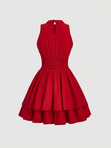 SHEIN MOD Red Summer Cottage Core Picnic Woven Dress,Sleeveless High Neck Large Bow Tie,Button-Front Fitted Gathered Waist,Double-Layered Flared Ruffle Hem - Red - View 5