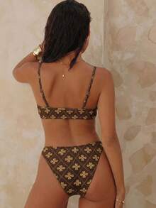 Swim Chiccia Casual Fabric Women's Bikini Set Featuring Print, V Wired Top, Spaghetti Straps, And High Cut Bottom - Multicolor - View 2