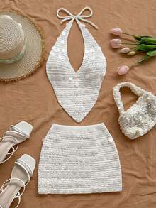 Soleia 女士性感V领系带露背吊带背心和高腰亮片毛衣两件套，适合派对、圣诞节、约会、夜店、海滩、邮轮、下午茶等场合，波西米亚风、浪漫花卉图案，度假钩针两件套，奶油色两件套，亮片两件套，秋冬季沙滩两件套 - 白色 - 查看 6
