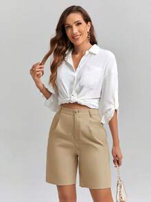 SHEIN Clasi 女士纯色高腰褶裥口袋休闲短裤 - 卡其色 - 查看 4