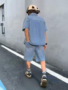 2Pcs Teen Boy Fashion Homecoming Streetwear Mix And Match Versatile Design Vintage Cool Street Loose And Comfortable Simple Blue Denim Shirt Short-Sleeved Top And Loose And Comfortable Denim Shorts For Kids Clothes Teen Boy Dailywear And Kids Spring To Summer Rave Outfits Festival And Outfits Streetwear Clothes - Blue - View 2