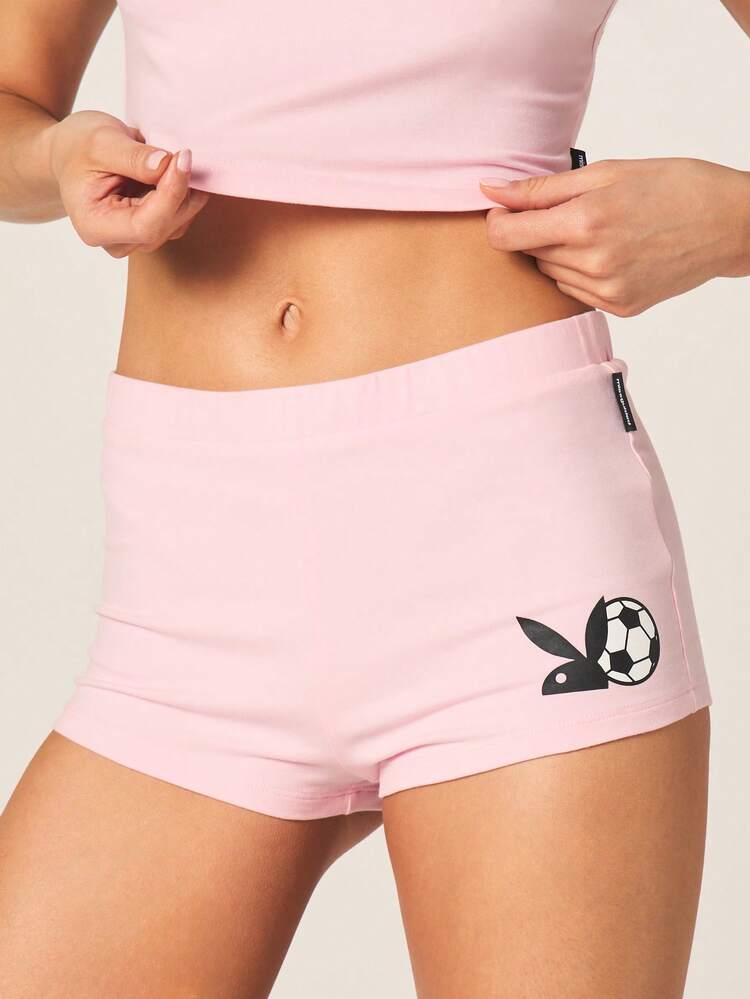 Missguided x Playboy Women's Bunny Logo Pink High Rise Booty Shorts With Soccer Ball Print Casual Summer Beach Loungewear
