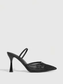 CUCCOO SZL New Autumn Lace-Up Mesh Pointed Toe High Heel Sandals - Black - View 3