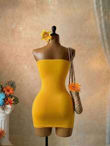 SaltGleam SaltGleam Đầm ngắn gợi cảm khoét eo dành cho nữ, đầm quây xếp ly họa tiết hoa 3D ôm sát cơ thể, đầm nghỉ mát kiểu đảo. - Màu vàng - Xem 2