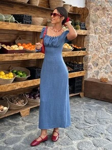 Selianne 1pc Women's Spring/Summer Beaded Ruched Collar Fitted Casual Vacation Everyday Denim Effect Dress - Lake Blue - View 4