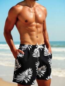 CoralVoy 男士熱帶植物圖案抽繩腰沙灘短褲，黑色夏季休閒度假衝浪褲，泳褲泳裝 - 黑色 - 查看 5