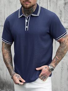 Manfinity Homme 撞色插肩短袖半开襟休闲夏季衬衫 - 藏蓝色 - 查看 4