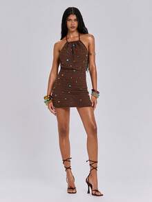 ROMWE Country Spring/Summer Colorful Beaded Decor Y2K Backless Sheer Sexy Crochet Mini Dress For Women - Apricot - View 6