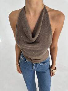 Firerie Women's New Mocha Brown Draped Neck Sexy Backless Beach Vacation Draped Blouse - Mocha Brown - View 7