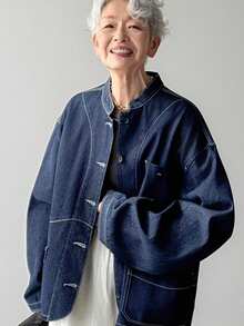 FRIFUL Women's Stand Collar Pocket Contrast Stitching Design Loose Casual Denim Jacket And Coat - Blue - View 9