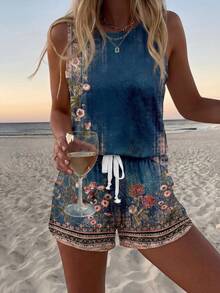 Sylviya 2 件套：休闲复古花卉印花女士无袖圆领背心和短袖，适合夏季 - 彩色 - 查看 5