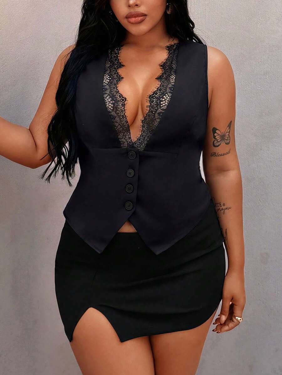 Rustia 大码无袖深V领花卉拼接开襟优雅简约性感度假派对日常穿着女式西装外套 - 黑色 - 查看 1