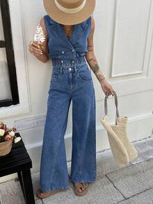 DAZY 女士休闲水洗牛仔背心和阔腿裤套装，春夏款 - 中等水洗藍 - 查看 6