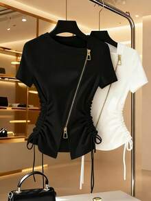 Franclia 黑色针织纹理修身抽绳双头拉链女式短袖T恤，黑色上衣，夏季度假，夏季上衣，女士休闲上衣，女士度假装。时尚休闲通勤装，商务办公装，百搭时尚日常休闲装，都市教师职业装 - 黑色 - 查看 1