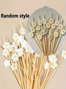 50/100Pcs Bamboo Pick Sweet Daisy Theme Flower Fruit Fork, Party Dessert Salad Stick Cocktail Skewer, Wooden Picks Wedding Birthday Party Supplies - Multicolor - View 6