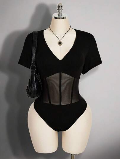 SHEIN ICON Plus Size Y2K Sexy V-Neck Mesh Hollow Out Bodysuit
