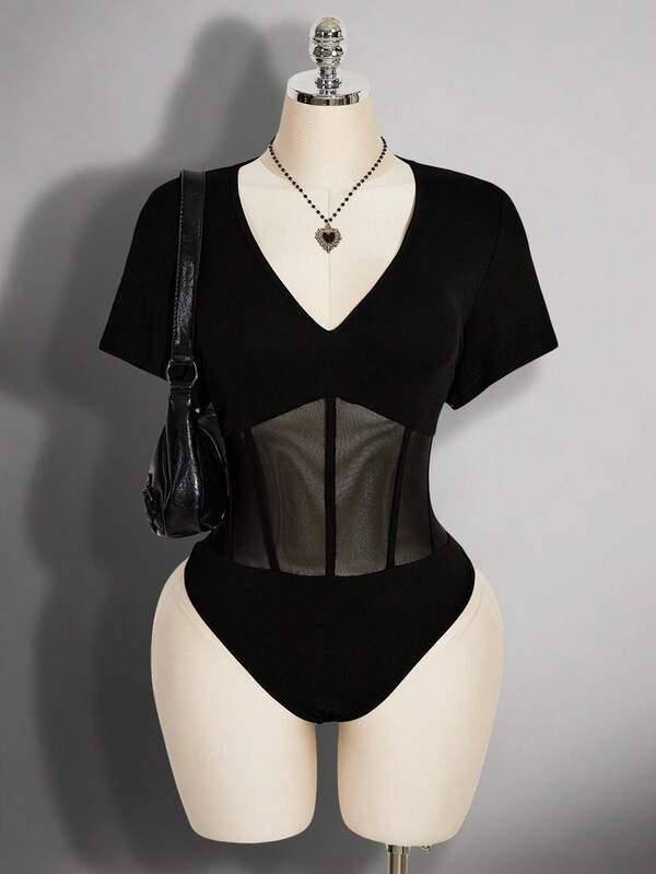 SHEIN ICON 大码 Y2K 性感 V 领网纱镂空连体衣