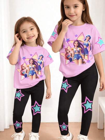 conjunto playera y pantalon para niña con estampado chicas pop hunter y estrellas