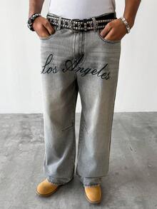 PAVTROS Washed Ash Grey Loose Straight Leg Jeans With English Slogan Print, Casual Street Style, Spring/Summer - Grey - View 5