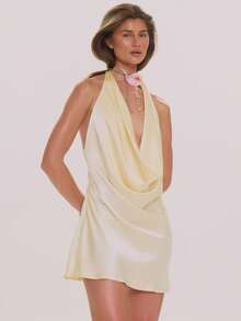 MUSERA Đầm mini dáng rộng bằng satin cổ chữ V xẻ sâu, thích hợp cho mùa xuân hè, thanh lịch, dự tiệc cưới, kỳ nghỉ, tuần trăng mật, quán cà phê. - Màu vàng - Xem 1