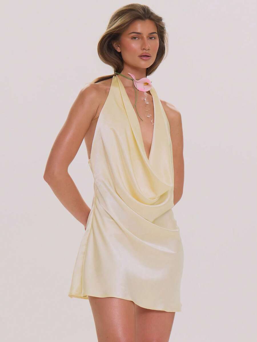 MUSERA Đầm mini dáng rộng bằng satin cổ chữ V xẻ sâu, thích hợp cho mùa xuân hè, thanh lịch, dự tiệc cưới, kỳ nghỉ, tuần trăng mật, quán cà phê. - Màu vàng - Xem 1
