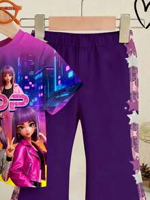 SHEIN 女婴休闲简约短袖圆领T恤和喇叭裤套装，适合春夏穿着 - 彩色 - 查看 5