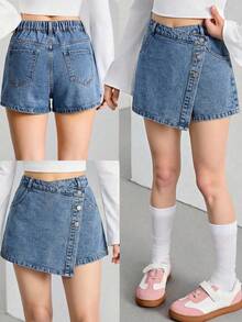 Shorts vaqueros de estilo Y2K para niñas, nueva llegada de primavera/verano, diseño de cintura oblicua, shorts vaqueros sueltos y casuales con decoración de botón delantero, shorts vaqueros versátiles y de moda, nuevo para el verano - Azul lavado medio - Ver 5