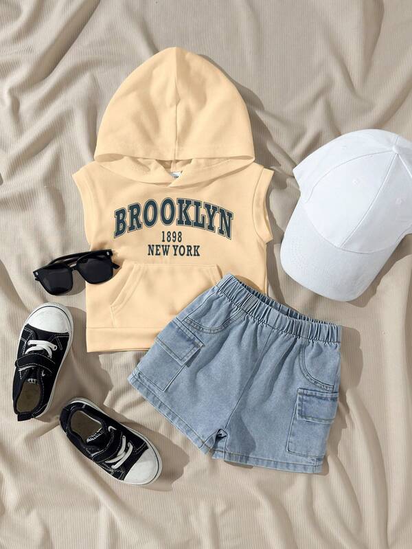 SHEIN Playful Pals 2pcs/Set Infant/Baby Boys Casual Outfit, Including 1pc White Hoodie Knit Letter Print Sleeveless Pocket Vest + 1pc Blue Elastic Waist Pocket Denim Shorts, Suitable For Casual, Sports, Daily Wear, Outings, Travel Baby Boy Outfit Toddler Boy Clothes Boy Summer Outfit Set Baby Boy Summer Clothes