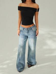 SHEIN PETITE 不对称肩部针织T恤上衣，紫红色黑色上衣 - 黑色 - 查看 9