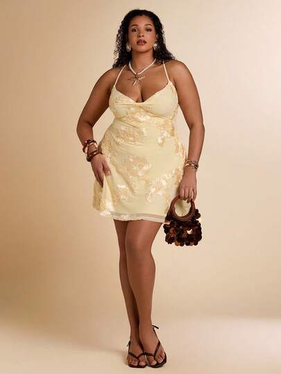 SHEIN BAE Plus Size Women's Sexy Vacation Style Yellow Beaded Embroidered Tie-Up Backless Camisole Dress,Yellow Bodycon Backless Tie Strap Sequin Mermaid Hem Mini Dress, Tight Fitting Scoop Neck Sleeveless Short Dress For Summer Beach Vacation