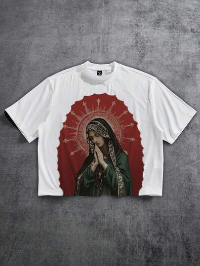 Manfinity ZONE917 Camiseta corta de manga corta con estampado de oración a la Virgen María en color rojo oscuro desgastado y corte holgado