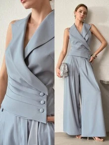 MOTF PREMIUM 2PCS SUIT COLLAR FITTED VEST TOP & WIDE LEG FOLD PLEATED PANTS SET, SPRING/SUMMER - Baby Blue - View 1