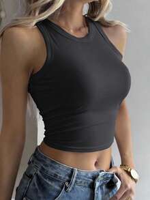 DAZY 1 件女士休闲纯色修身背心，适合日常穿着，夏季 - 深灰色 - 查看 2