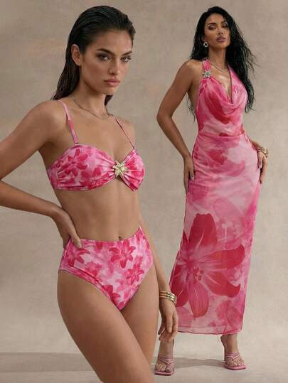 Swim Glamine 26SS 女士春夏沙滩连衣裙，女士罩衫，女士长款沙滩裙，海滨度假风 INS 网红性感别致优雅扎染百合花热带印花，精致百合花金属装饰纽扣，多层荷叶边垂褶领吊带长裙