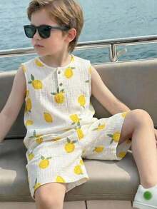 LMoss Kids 2pcs/Set Young Boy Knitted Lemon Pattern Vest & Shorts Set, Casual & Cute, Summer Two Piece Set For Kids, Two Piece Cute Set Kids - White - View 2