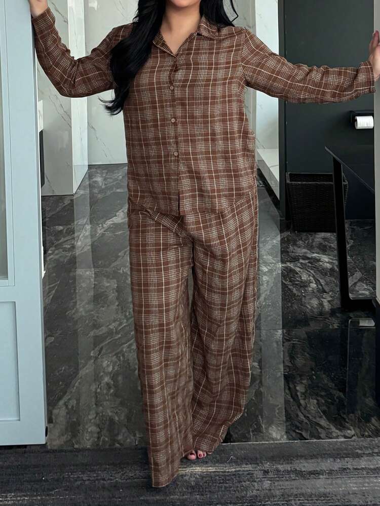 Dazy Plus 2pcs Plaid Loose Long Sleeve Top And Long Pants Pajama Set, Fashionable Sleepwear For Spring And Autumn