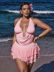 SHEIN BAE Plus Size Women Summer Beach Vacation Ruched Halter Sexy Tankini Swimwear Set Plus Size Bathing Suits Women - Pink - View 5
