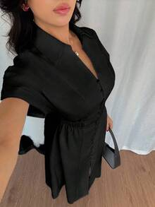 Rafferiza 女式休闲衬衫裙，前襟纽扣，插肩袖，收腰设计 - 黑色 - 查看 6