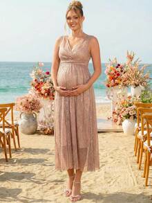 Loomaby 优雅V领无袖亮面长款孕妇连衣裙 - 棕色 - 查看 3