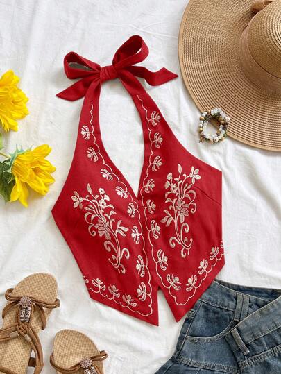Soleia Vacation Women's Red Base Floral Embroidered Halter Backless Bow Tie Cropped Tank Top, Suitable For Music Festival,Summer Top