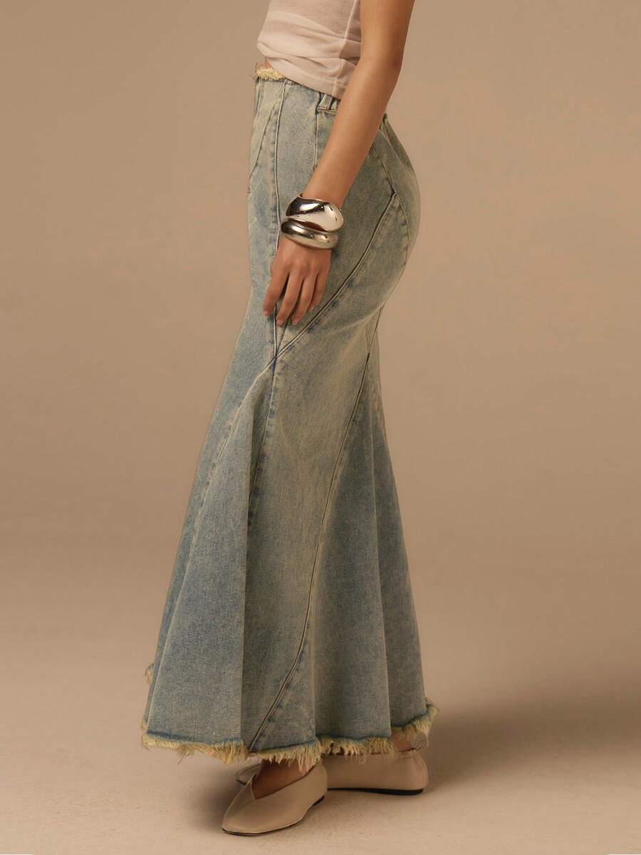 COSMINA Denim 女士休闲毛边鱼尾牛仔裙 - 淺色水洗藍 - 查看 1