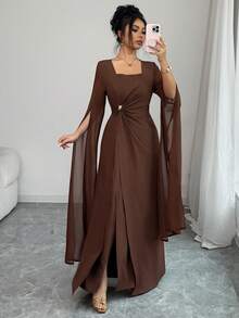 SHEIN Elenzya 女士咖啡色方领不对称腰部褶皱金属扣开衩袖修身优雅通勤连衣裙，春夏款 - 咖啡 - 查看 3