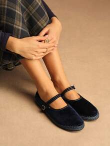 Rosivie 2025夏季新款法式方头百搭黑色镂空编织带低帮透气舒适平底女鞋，圣诞节必备 - 深藍色 - 查看 9