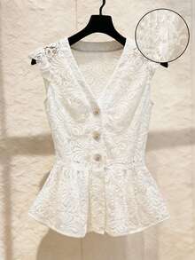 GlowEve Women's Fashion V-Neck Sleeveless Hollow Lace Fabric Metal Buckle Decor Elegant Versatile Tank Top, Spring/Summer - White - View 8