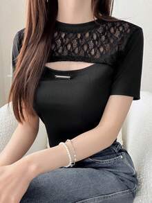 FRIFUL Women's Round Neck Hollow-Out Metal Decor Contrast Fabric Lace Splice Solid Color Sweet Short Sleeve T-Shirt For Summer - Black - View 1