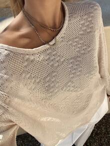 DAZY Women's Oblique Collar Semi-Sheer Loose Knit Sweater - Apricot - View 7