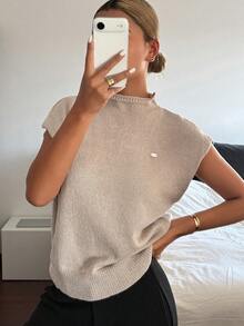 DAZY 女士立领修身无袖针织毛衣 - 卡其色 - 查看 8