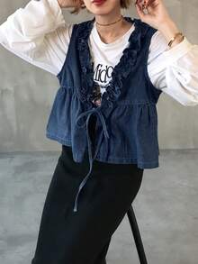 女士荷叶边系带牛仔背心 - 中等水洗藍 - 查看 4