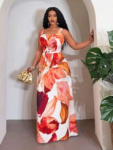Spring & Summer New Elegant Floral Print Sleeveless Square Neck A-Line Maxi Dress, Suitable For Parties, Weddings, Gatherings, Vacations - Plus Size, Plus Size Woman - Multicolor - View 5